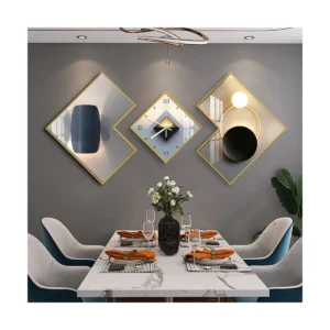 3Pcs Modern Geometric Wall Clock Decor Set Canvas Painting Wall Clocks With Gold Frame