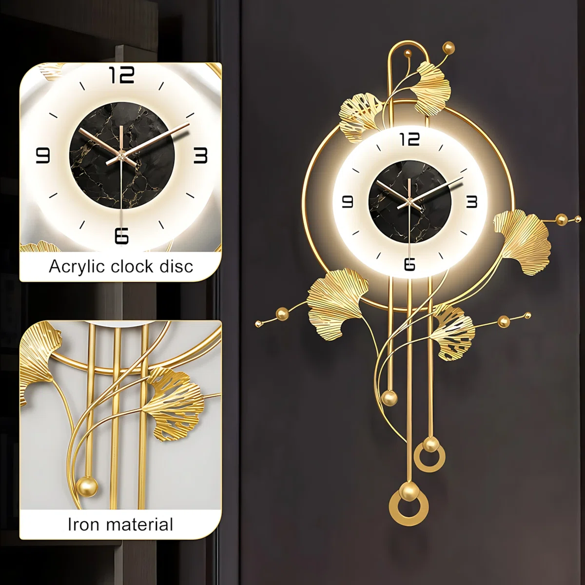 Large 28x20in Golden Modern Silent Metal Ginkgo Leaf Wall Clock | Elegant Decorative Wall Art Clocks Home Accent With Led Light - Image 2
