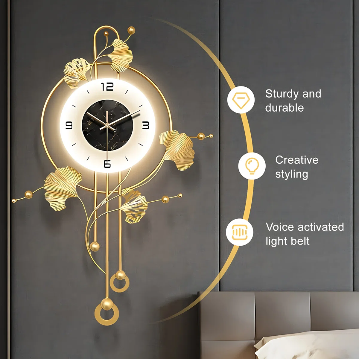 Large 28x20in Golden Modern Silent Metal Ginkgo Leaf Wall Clock | Elegant Decorative Wall Art Clocks Home Accent With Led Light - Image 3