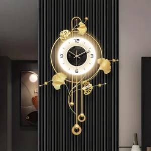 Large 28x20in Golden Modern Silent Metal Ginkgo Leaf Wall Clock | Elegant Decorative Wall Art Clocks Home Accent With Led Light