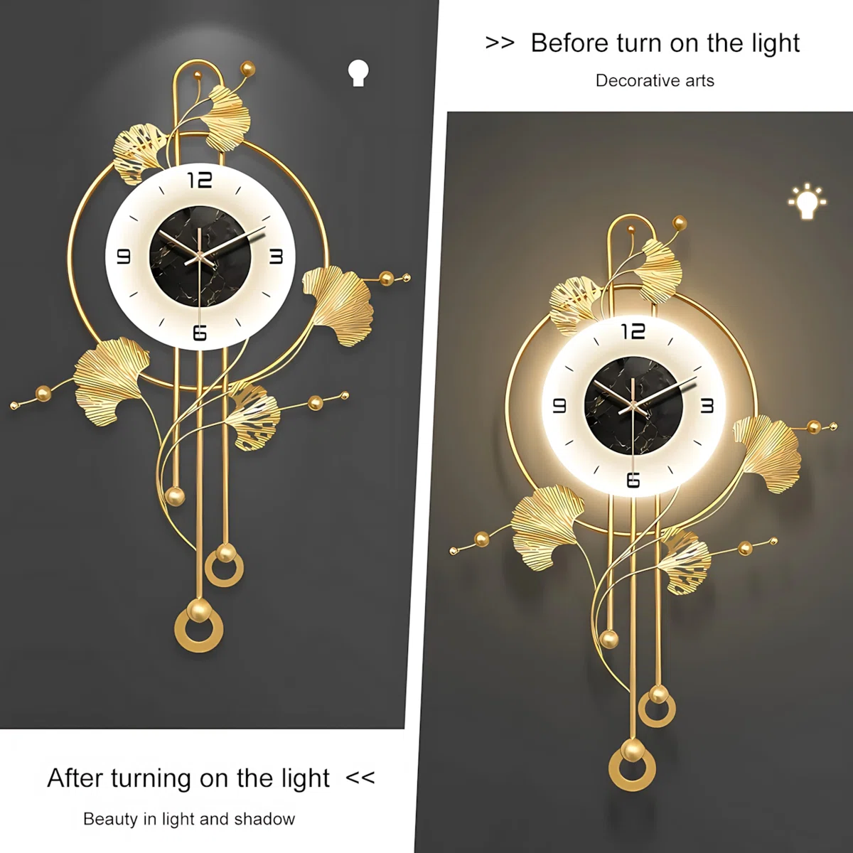 Large 28x20in Golden Modern Silent Metal Ginkgo Leaf Wall Clock | Elegant Decorative Wall Art Clocks Home Accent With Led Light - Image 4